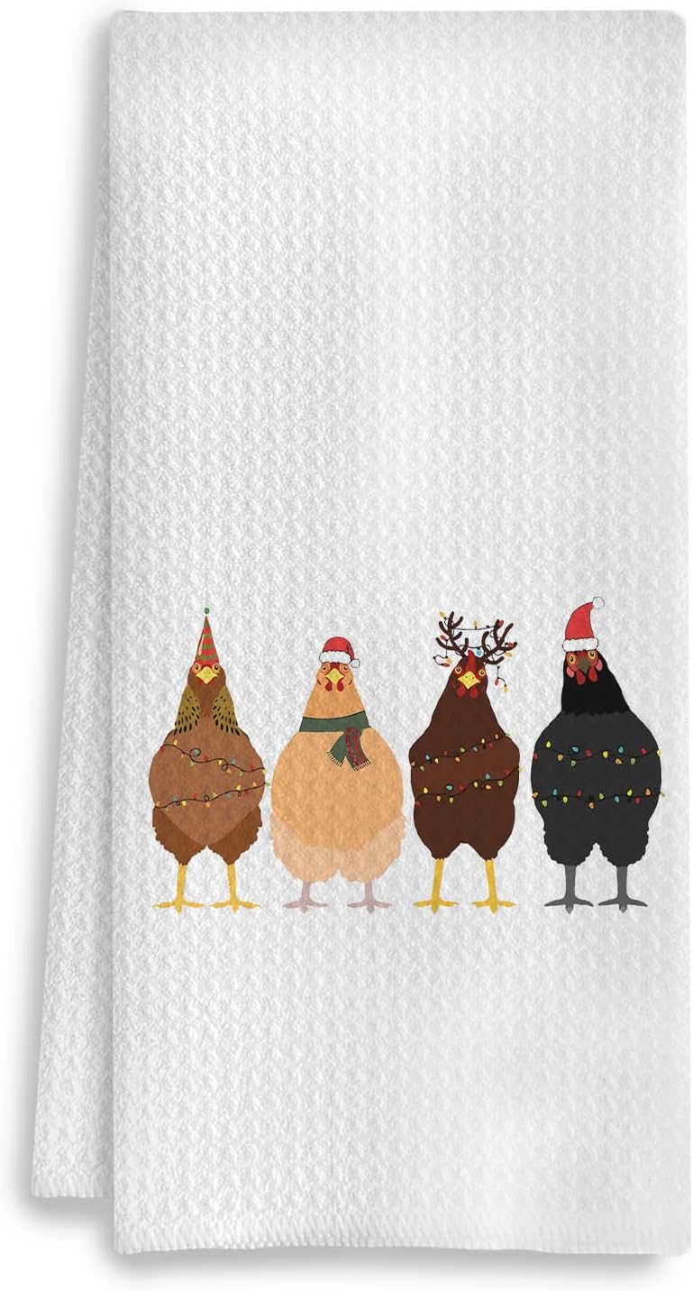 COWEB Christmas Chicken Kitchen Towels, Chicken Gifts for Chicken Lovers Women, Chicken Hand Towels for Bathroom, Christmas Dish Towels Tea Towels for Kitchen, Christmas Bathroom Kitchen Decor, 16x24 Inches - Image 1
